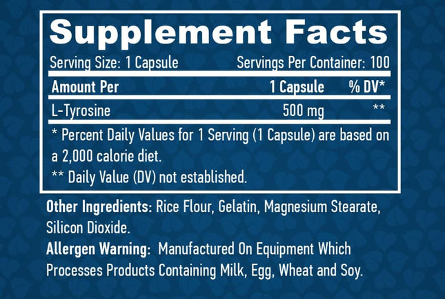 HAYA LABS Л-Тирозин 500мг / 100 капс. | Важен компонент на щитовидните хормони